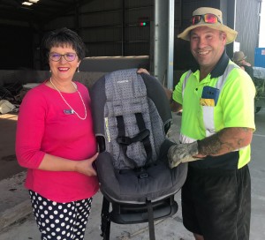 Hurunui Deputy Mayor Marie Black and council contractor Dave Burnby of Waste Control NZ, with one of the first child car seats to be sent for recycling as part of the Seat Smart programme. PHOTO: SUPPLIED/HURUNUI DISTRICT COUNCIL